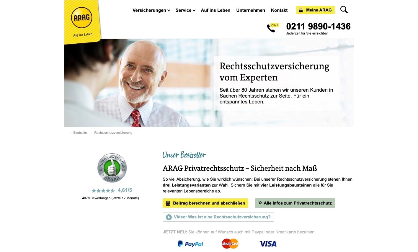 ARAG Rechtsschutzversicherung Webseite Screenshot