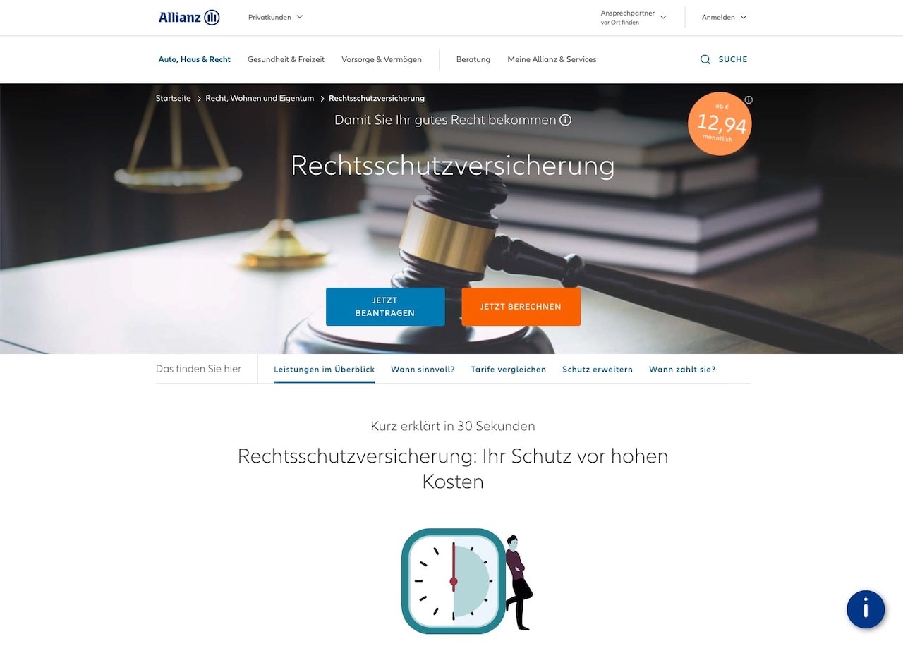 Allianz Rechtsschutzversicherung Webseite Screenshot