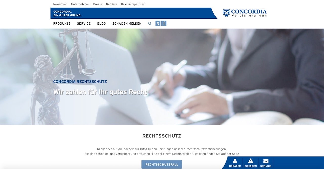 Webseite der Concordia Rechtsschutzversicherung