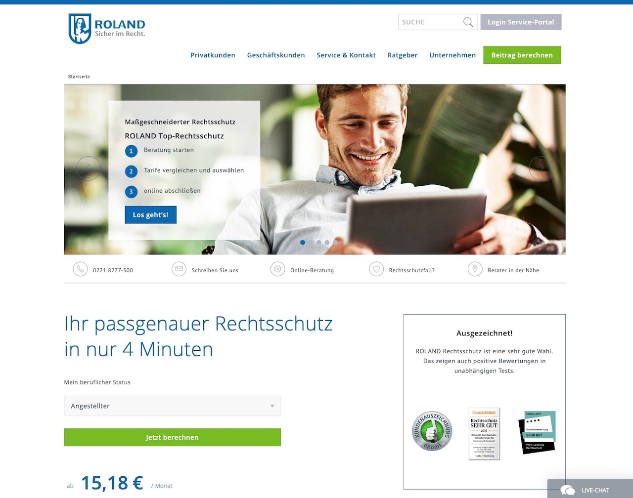 Roland Rechtsschutzversicherung Webseite Screenshot