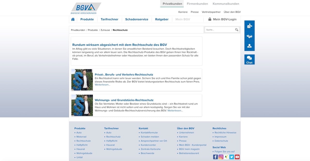 Webseite der BGV Badischen Rechtsschutzversicherung