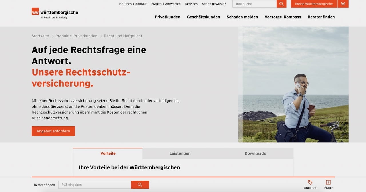 Webseite der Württembergische Rechtsschutzversicherung