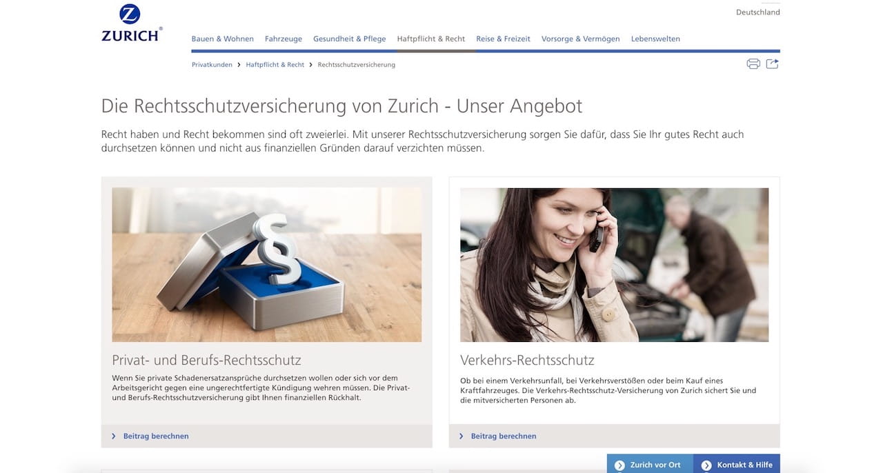 Webseite der Zurich Rechtsschutzversicherung