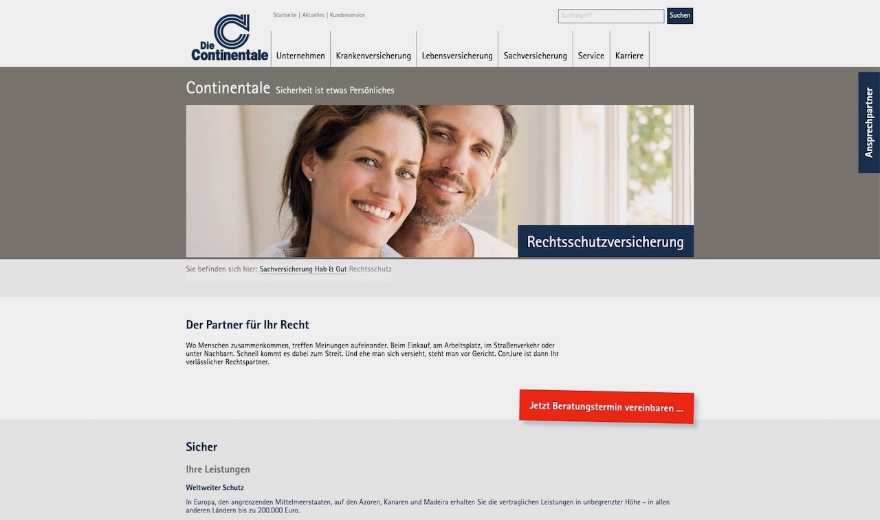 Webseite der Continentale Rechtsschutzversicherung