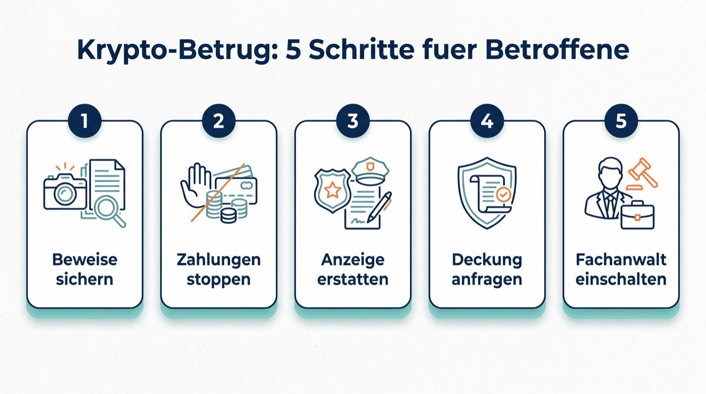 Infografik: Krypto-Betrug – 5 Schritte für Betroffene