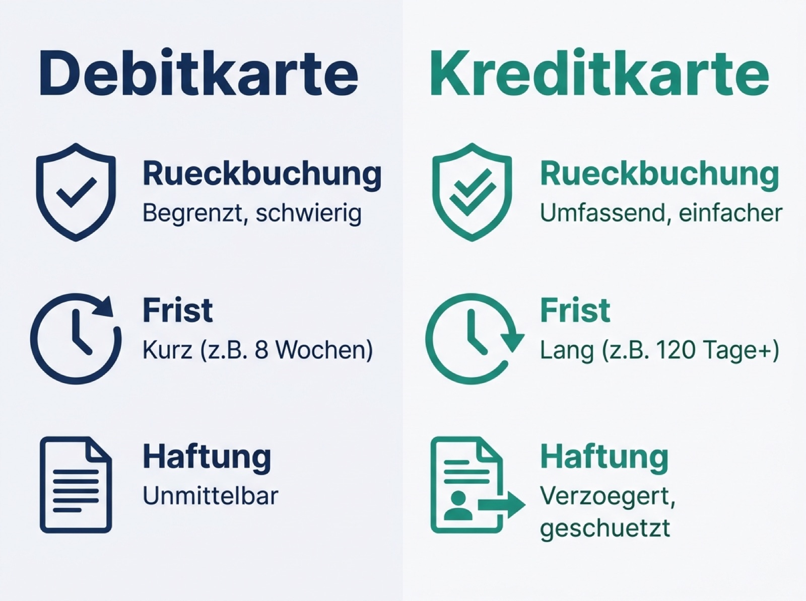 Infografik vergleicht Debitkarte und Kreditkarte hinsichtlich Rückbuchung, Frist und Haftung