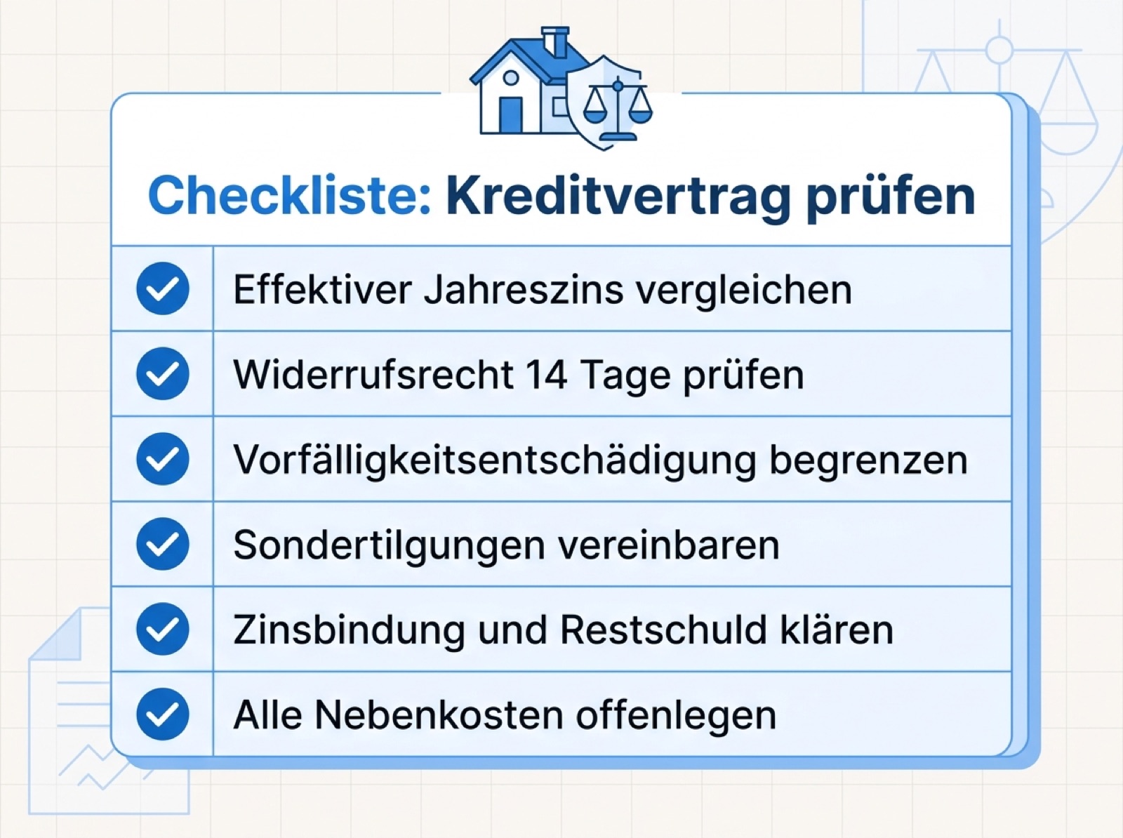 Checkliste zur rechtssicheren Prüfung eines Kreditvertrags mit sechs Punkten