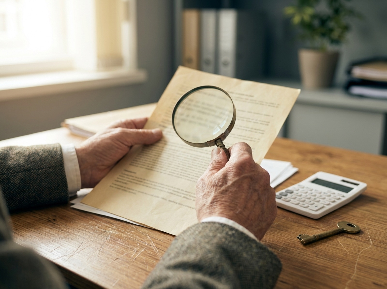 Prüfung eines Immobilienkreditvertrags mit Lupe, Taschenrechner und Hausschlüssel