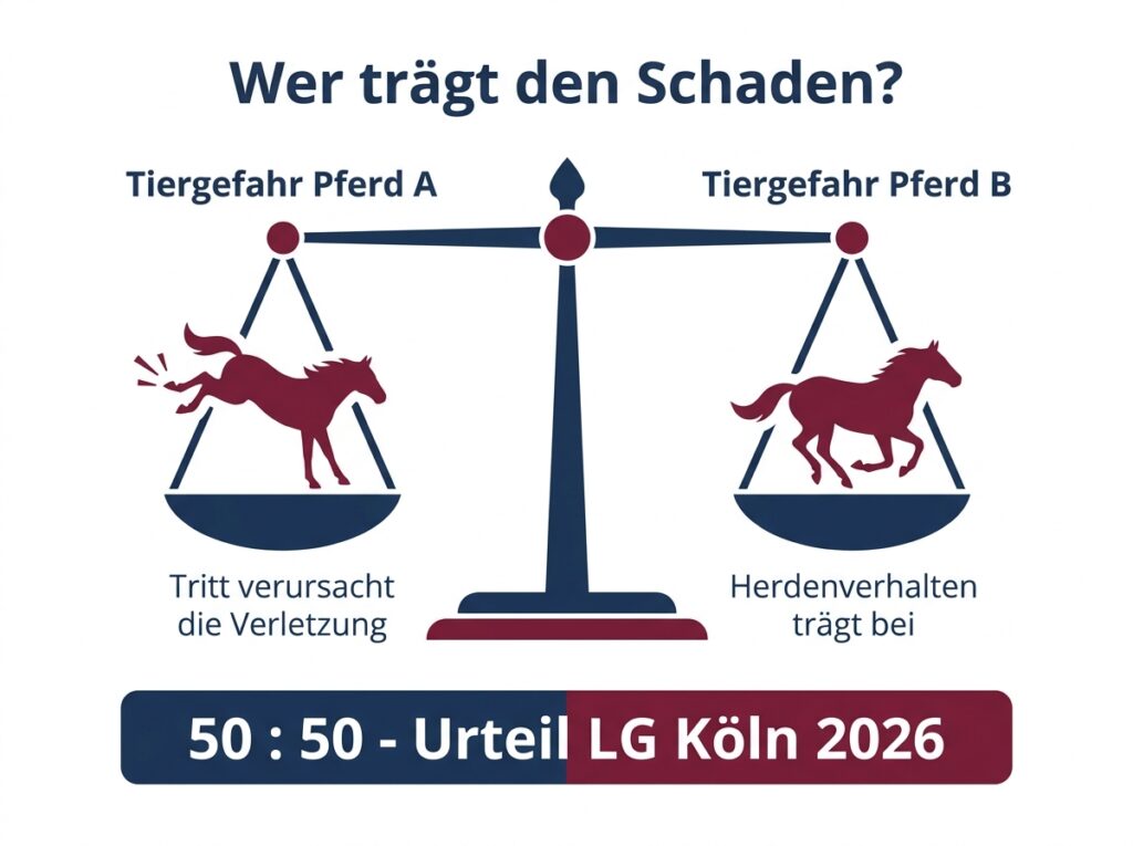 Infografik: Haftungsverteilung bei Pferdeverletzungen – Tiergefahr beider Pferde wird gegeneinander abgewogen