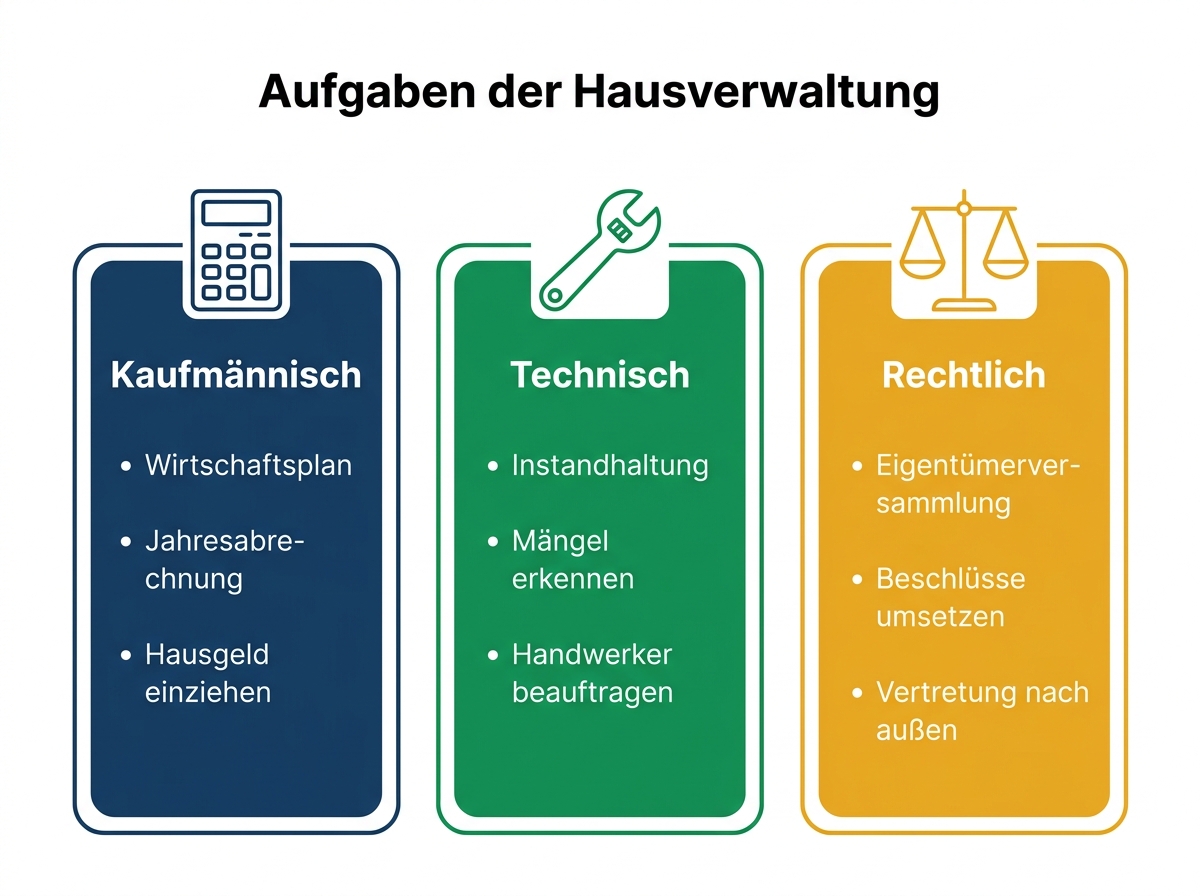 Infografik: Aufgaben und Pflichten der Hausverwaltung in drei Säulen