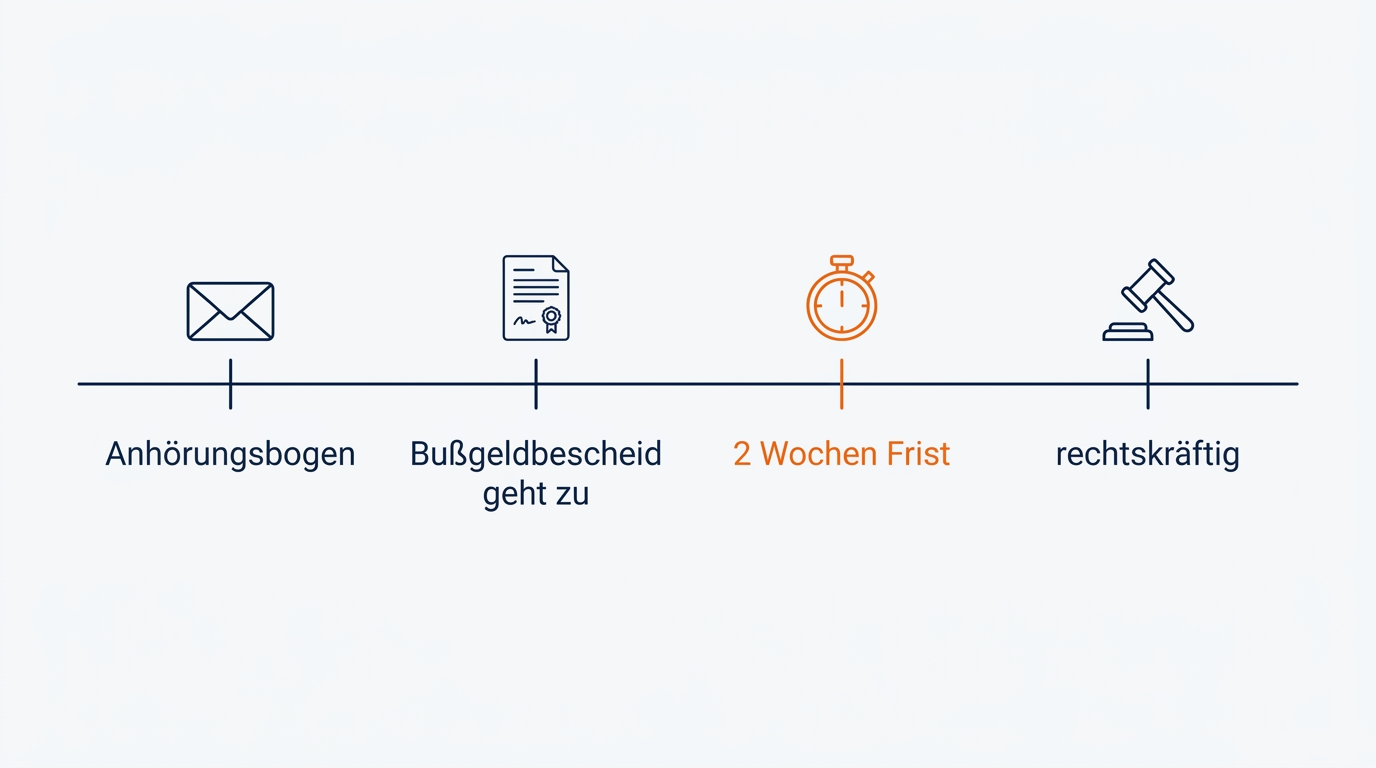 Zeitstrahl vom Anhörungsbogen über den Bußgeldbescheid bis zur Rechtskraft nach zwei Wochen