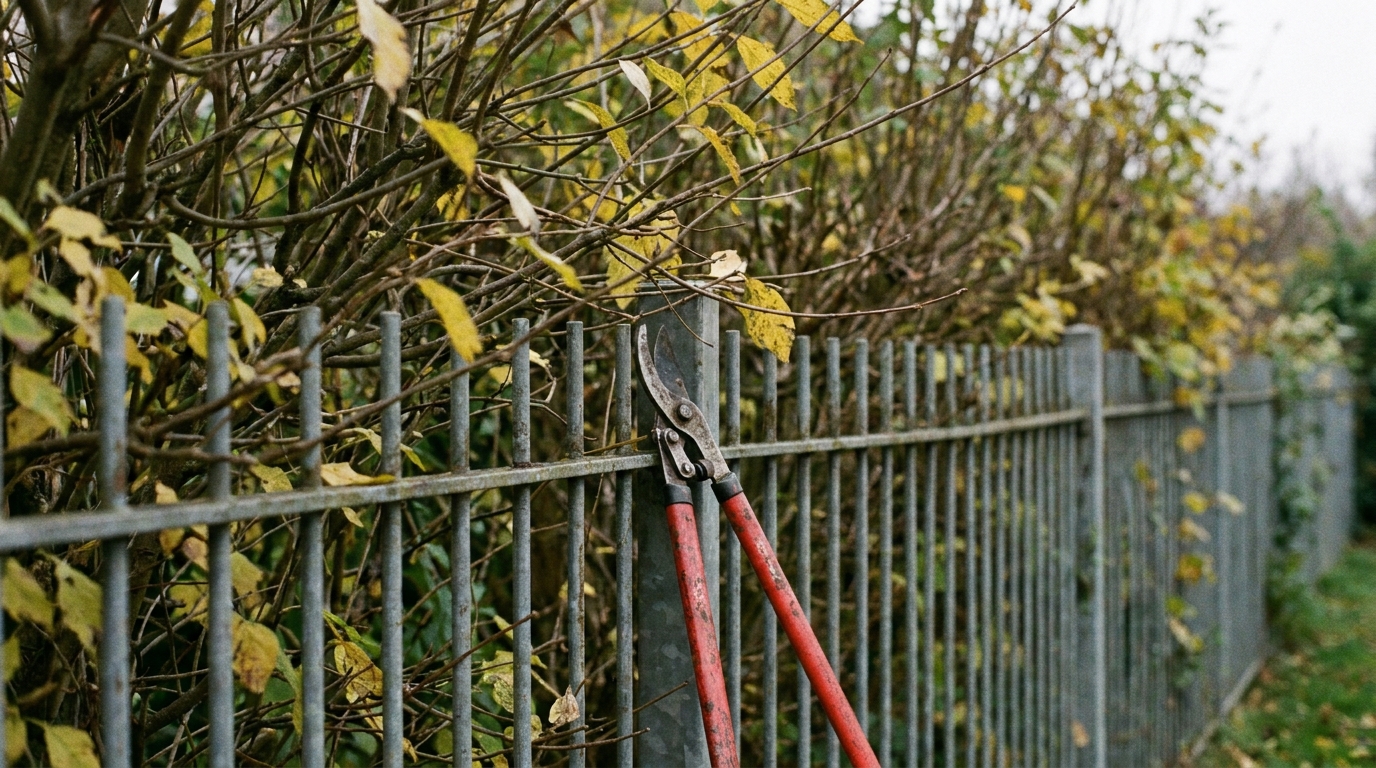 Überhängende Zweige einer Hecke ragen über einen Grenzzaun ins Nachbargrundstück
