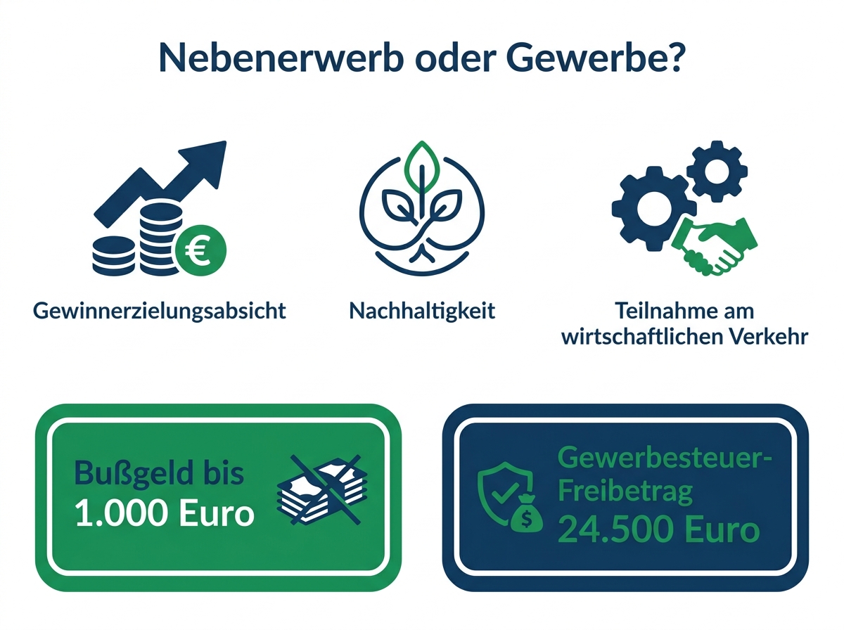 Infografik: Nebenerwerb oder Gewerbe – drei Merkmale und Folgen ohne Gewerbeanmeldung