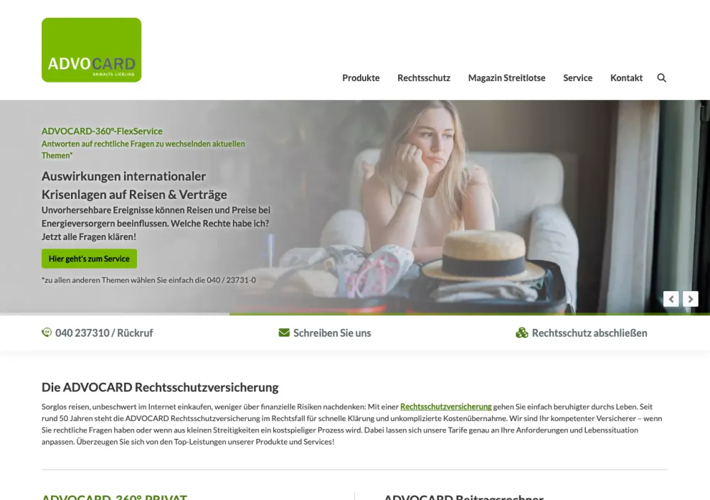Advocard Rechtsschutzversicherung – Webseite (Screenshot Juli 2026)