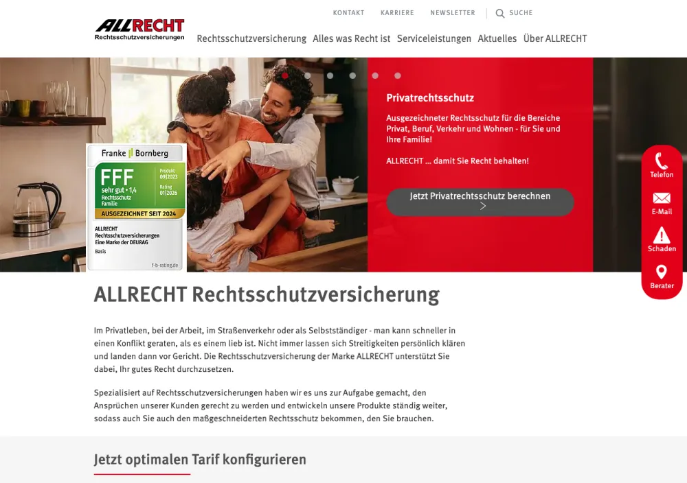 Allrecht Rechtsschutzversicherung – Webseite (Screenshot Juli 2026)
