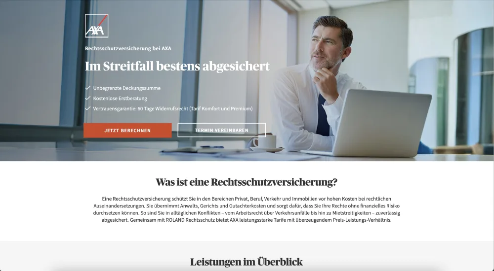AXA Rechtsschutzversicherung – Webseite (Screenshot Juli 2026)