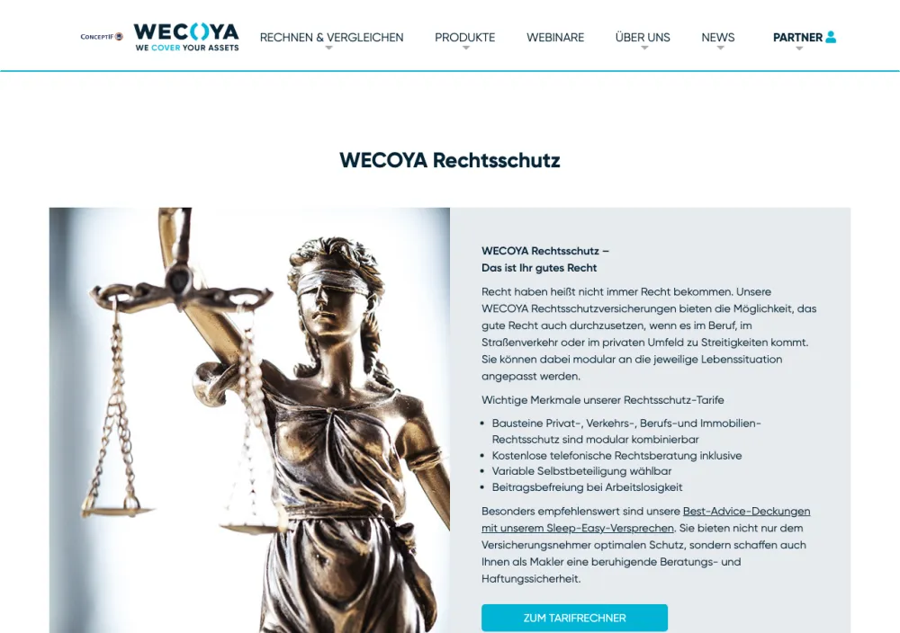 ConceptIF Rechtsschutzversicherung – Webseite (Screenshot Juli 2026)