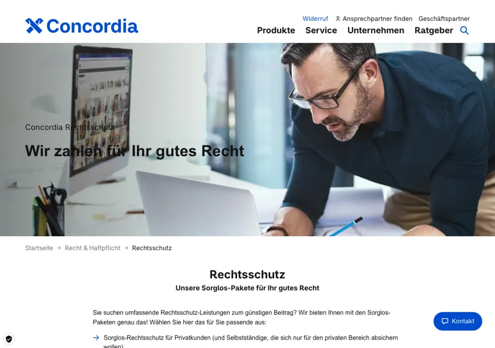 Concordia Rechtsschutzversicherung – Webseite (Screenshot Juli 2026)