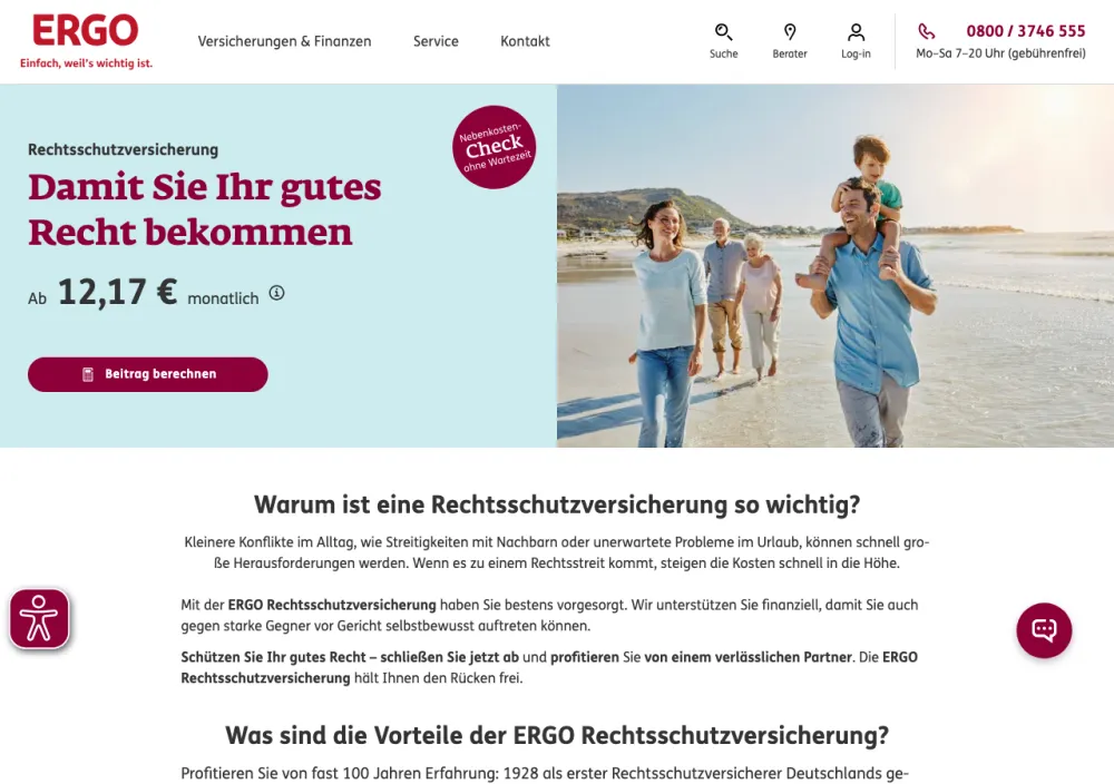 DAS Rechtsschutzversicherung – Webseite (Screenshot Juli 2026)