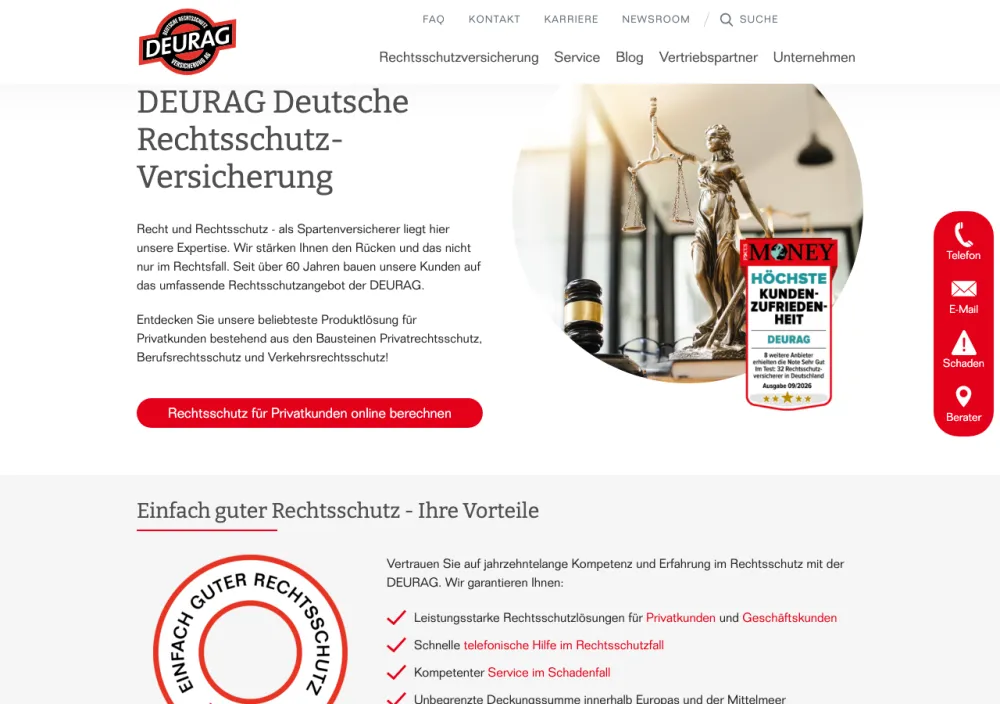 Deurag Rechtsschutzversicherung – Webseite (Screenshot Juli 2026)