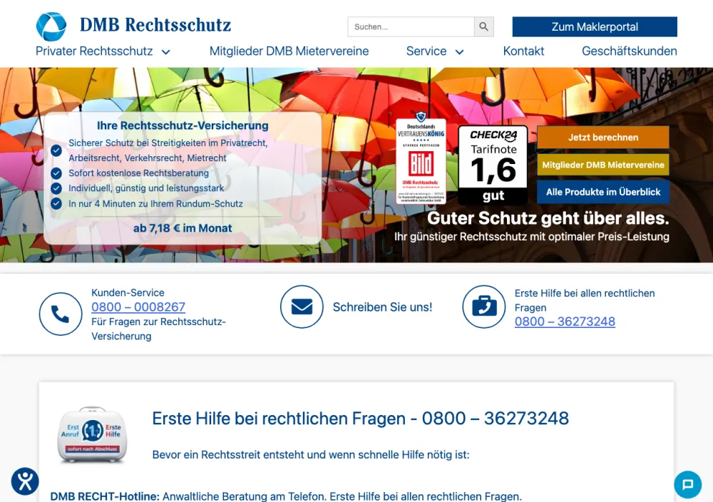 DMB Rechtsschutzversicherung – Webseite (Screenshot Juli 2026)