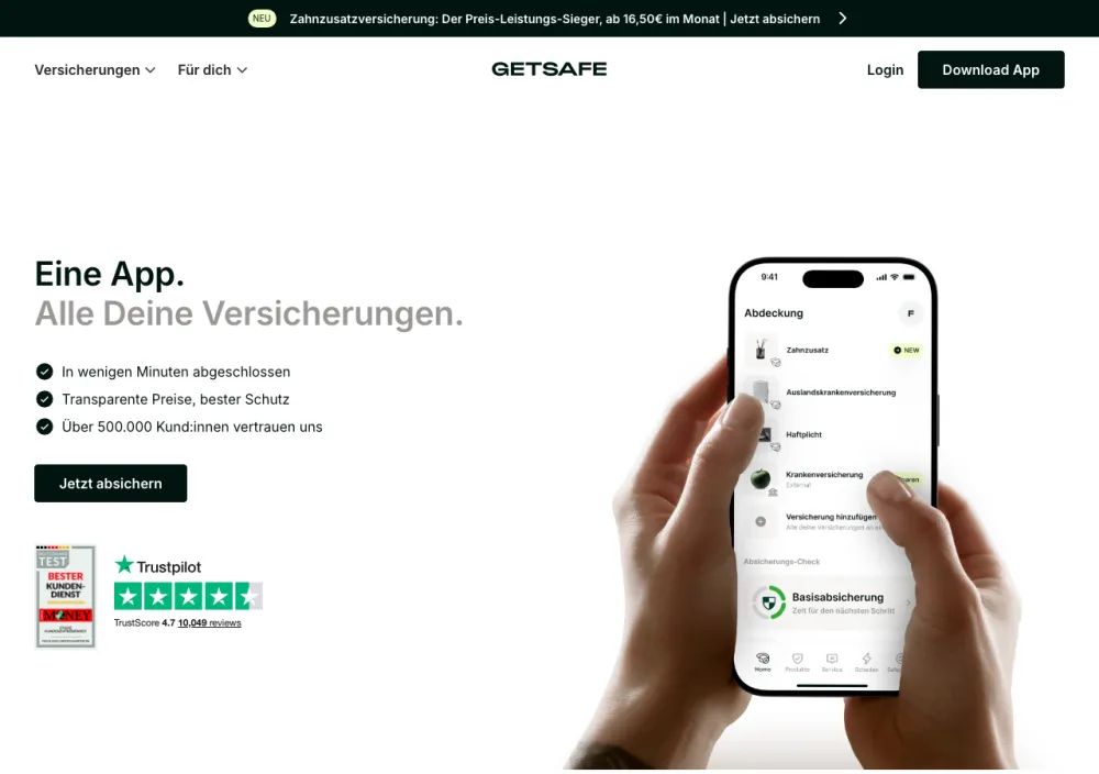 Getsafe Rechtsschutzversicherung – Webseite (Screenshot Juli 2026)