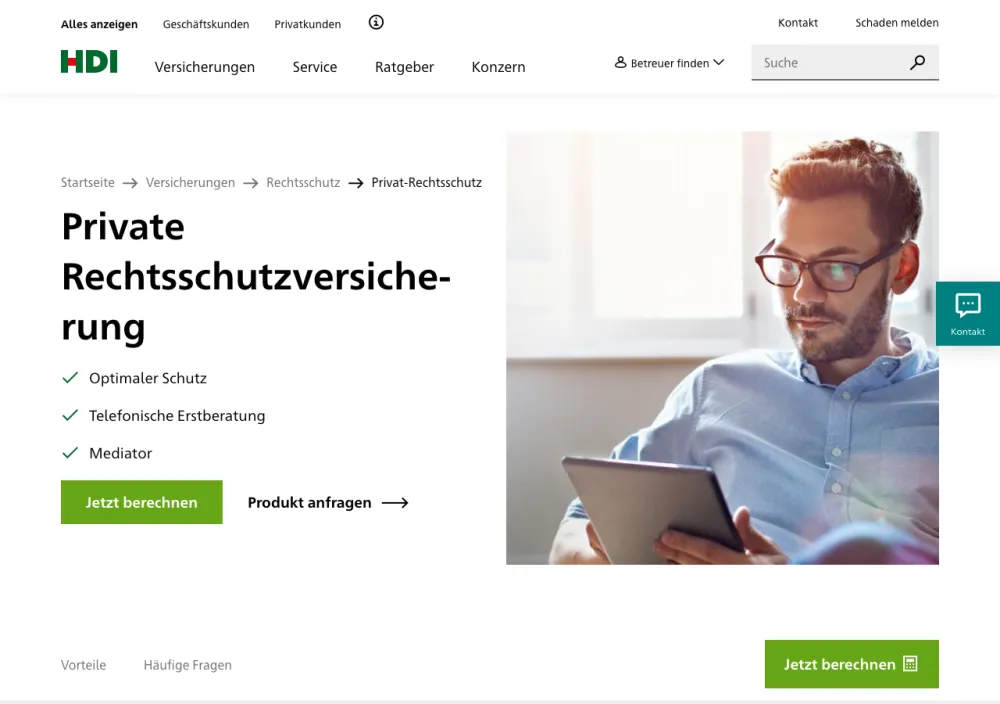 HDI Rechtsschutzversicherung – Webseite (Screenshot Juli 2026)