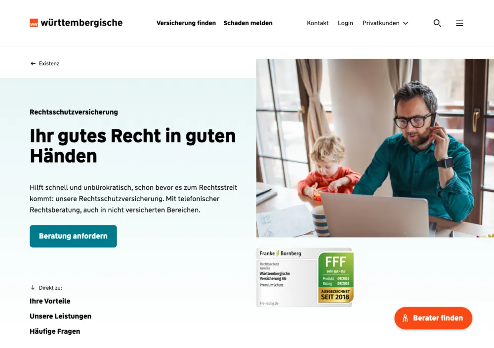 Württembergische Rechtsschutzversicherung – Webseite (Screenshot Juli 2026)